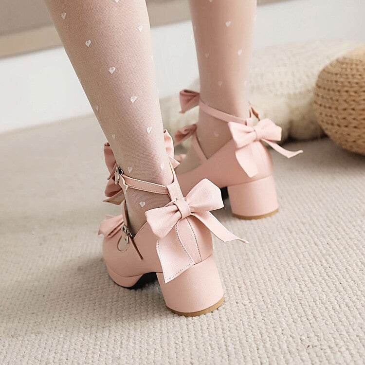 Ladies Pumps Lolita Solid Color Butterfly Knot Platform Block Heel Shoes