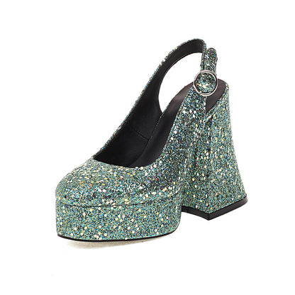 Women's Sparkling Sequins Slingbacks Shallow Block Heel Platform Sandals