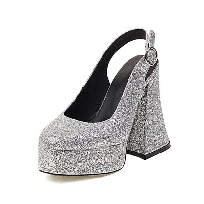 Women's Sparkling Sequins Slingbacks Shallow Block Heel Platform Sandals