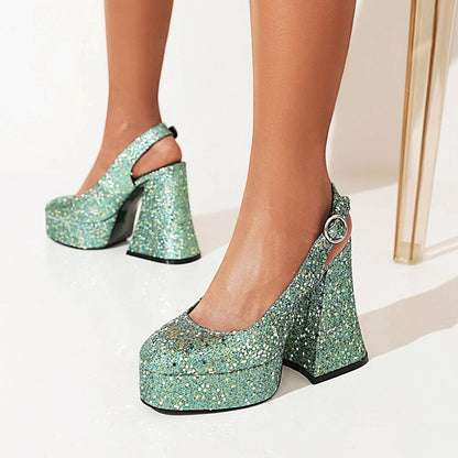 Women's Sparkling Sequins Slingbacks Shallow Block Heel Platform Sandals