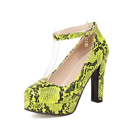 Ladies Pumps Zebra Snake Print Ankle Strap Rhinestone Chunky Heel Platform High Heels Shoes