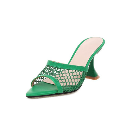 Ladies Pointed Toe Mesh Solid Color Spool Heel Sandals