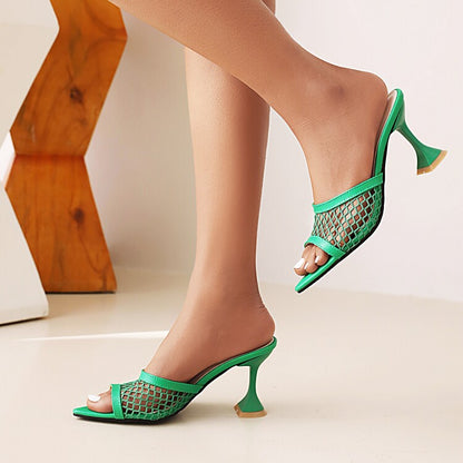 Ladies Pointed Toe Mesh Solid Color Spool Heel Sandals