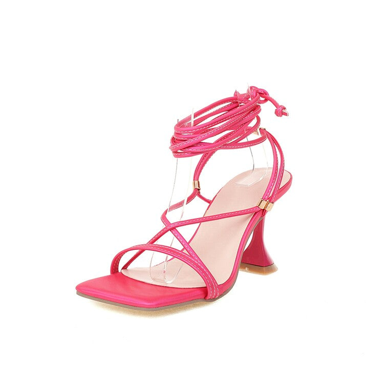 Ladies Solid Color Square Toe Cross Strap Spool Heel Sandals