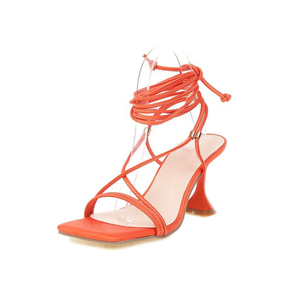 Ladies Solid Color Square Toe Cross Strap Spool Heel Sandals