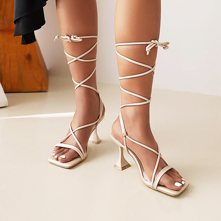 Ladies Solid Color Square Toe Cross Strap Spool Heel Sandals