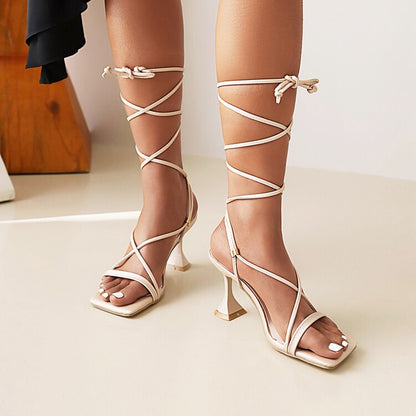 Ladies Solid Color Square Toe Cross Strap Spool Heel Sandals