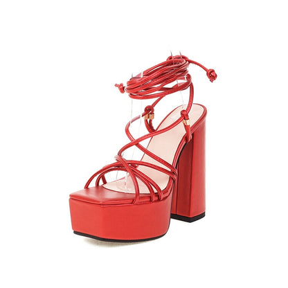 Ladies Jelly Color Cross Tied Strap Chunky Heel High Heels Platform Sandals