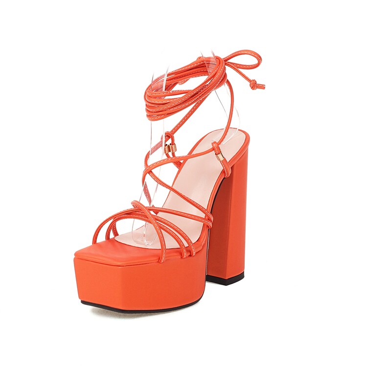 Ladies Jelly Color Cross Tied Strap Chunky Heel High Heels Platform Sandals