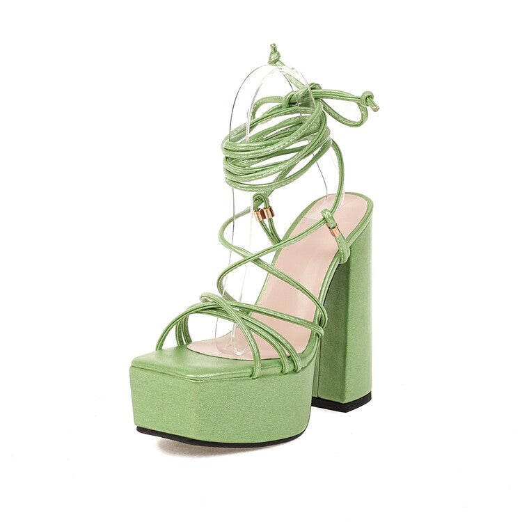 Ladies Jelly Color Cross Tied Strap Chunky Heel High Heels Platform Sandals