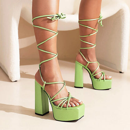 Ladies Jelly Color Cross Tied Strap Chunky Heel High Heels Platform Sandals