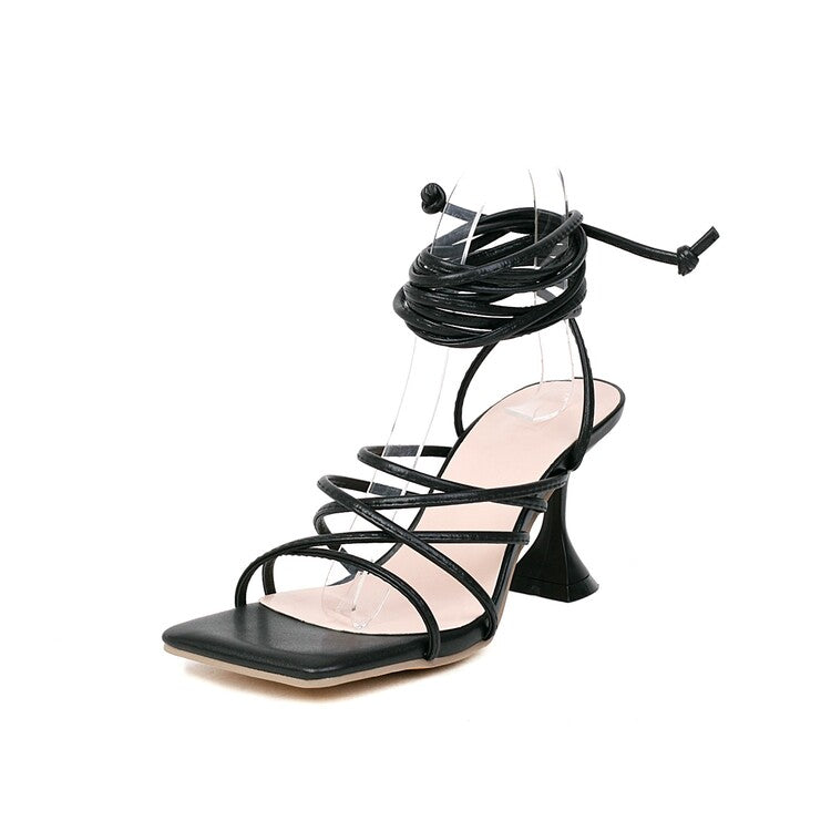 Ladies Solid Color Square Toe Cross Tied Strap Spool Heel Sandals