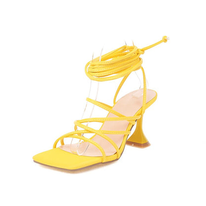 Ladies Solid Color Square Toe Cross Tied Strap Spool Heel Sandals