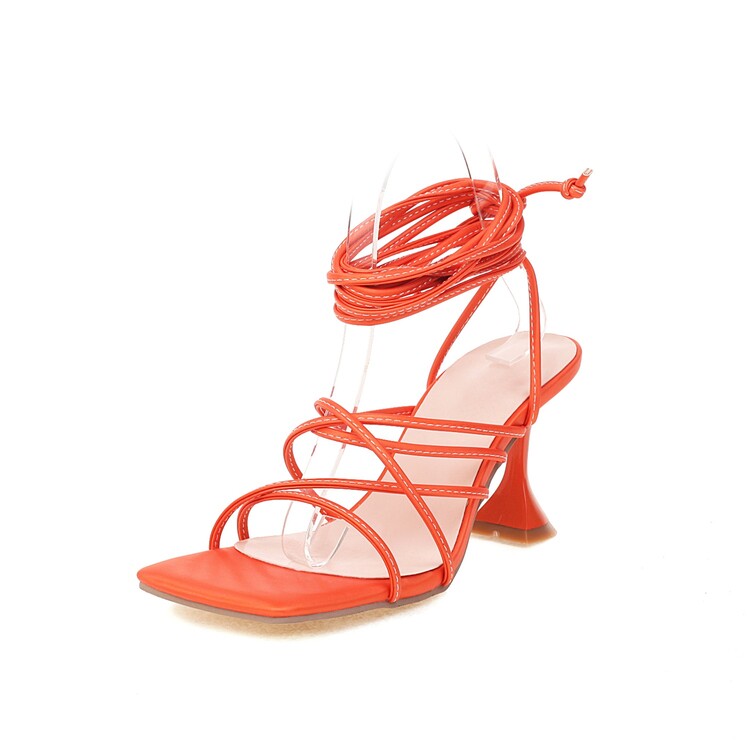 Ladies Solid Color Square Toe Cross Tied Strap Spool Heel Sandals