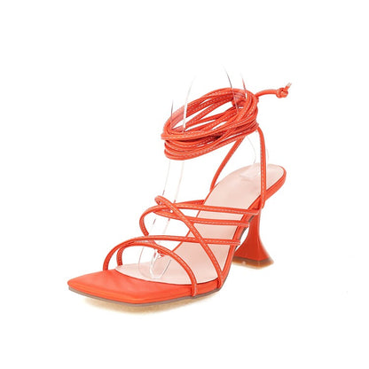 Ladies Solid Color Square Toe Cross Tied Strap Spool Heel Sandals