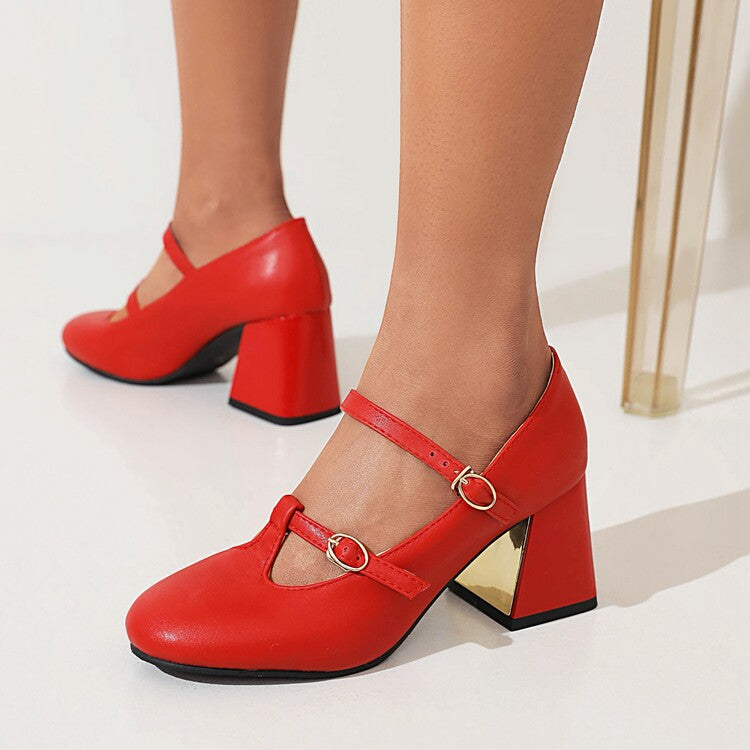 Ladies Pumps Retro Mary Janes T Strap Buckles Glossy Antiskid Block Heel Chunky Heels Shoes