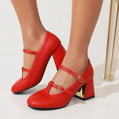 Ladies Pumps Retro Mary Janes T Strap Buckles Glossy Antiskid Block Heel Chunky Heels Shoes