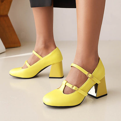 Ladies Pumps Retro Mary Janes T Strap Buckles Glossy Antiskid Block Heel Chunky Heels Shoes