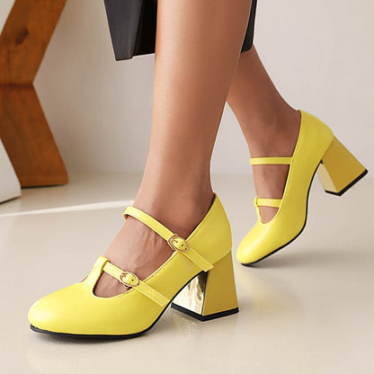 Ladies Pumps Retro Mary Janes T Strap Buckles Glossy Antiskid Block Heel Chunky Heels Shoes