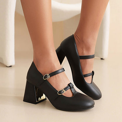 Ladies Pumps Retro Mary Janes T Strap Buckles Glossy Antiskid Block Heel Chunky Heels Shoes