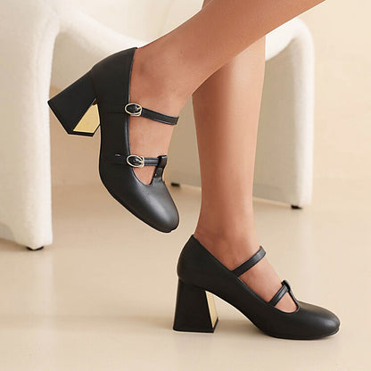 Ladies Pumps Retro Mary Janes T Strap Buckles Glossy Antiskid Block Heel Chunky Heels Shoes