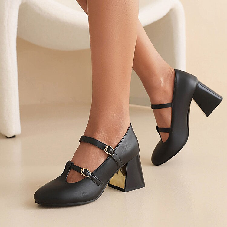 Ladies Pumps Retro Mary Janes T Strap Buckles Glossy Antiskid Block Heel Chunky Heels Shoes