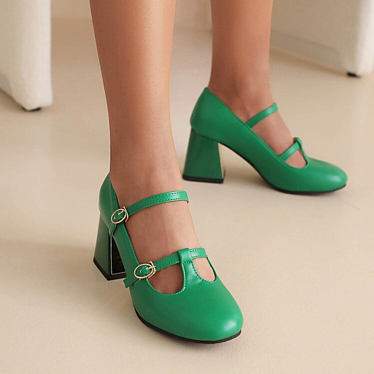 Ladies Pumps Retro Mary Janes T Strap Buckles Glossy Antiskid Block Heel Chunky Heels Shoes