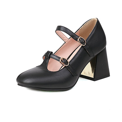 Ladies Pumps Retro Mary Janes T Strap Buckles Glossy Antiskid Block Heel Chunky Heels Shoes