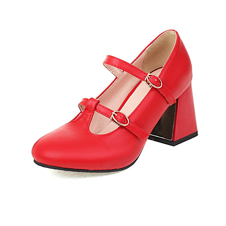 Ladies Pumps Retro Mary Janes T Strap Buckles Glossy Antiskid Block Heel Chunky Heels Shoes