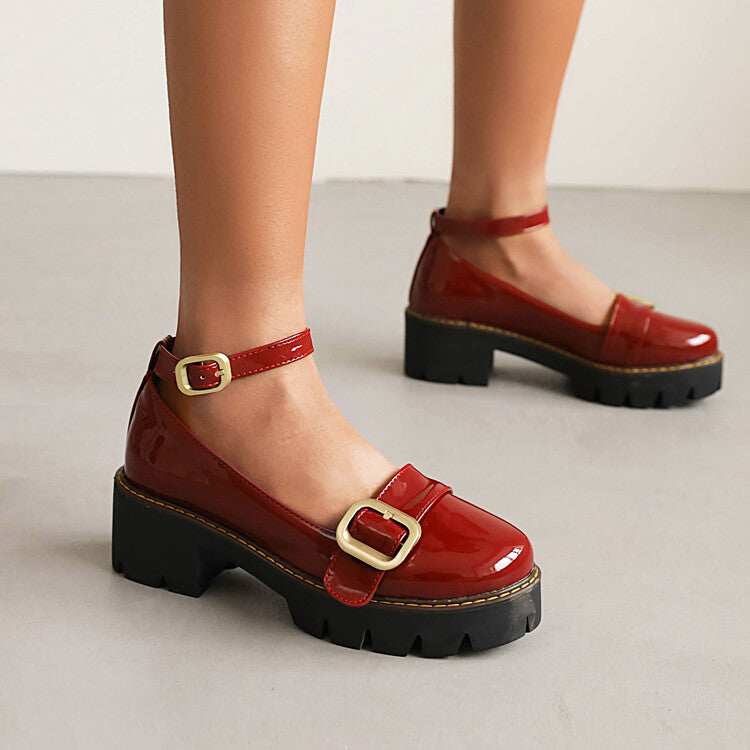 Ladies Glossy Round Toe Belts Buckles Platform Pumps Chunky Heels Shoes