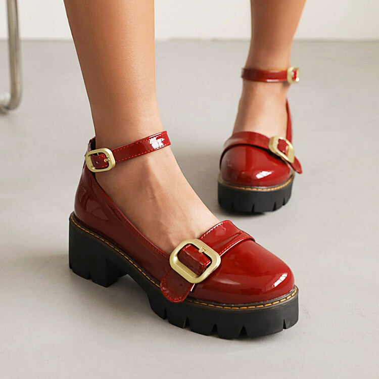 Ladies Glossy Round Toe Belts Buckles Platform Pumps Chunky Heels Shoes