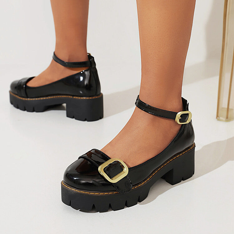 Ladies Glossy Round Toe Belts Buckles Platform Pumps Chunky Heels Shoes
