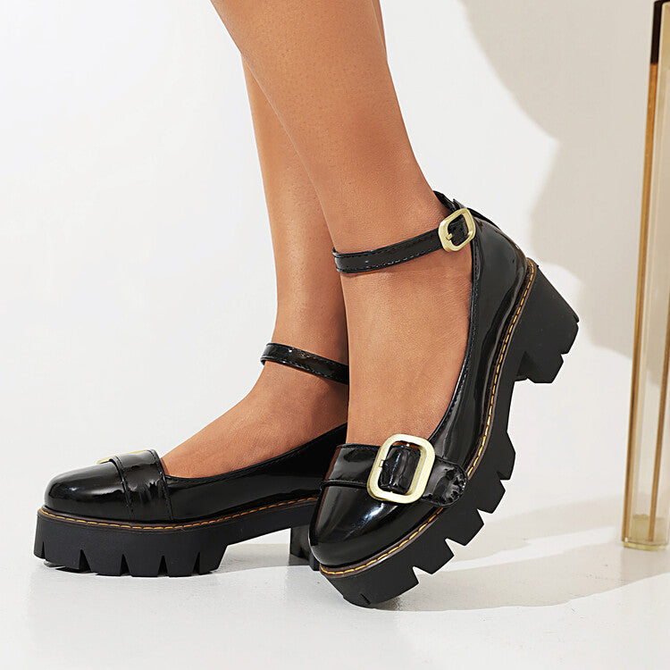 Ladies Glossy Round Toe Belts Buckles Platform Pumps Chunky Heels Shoes