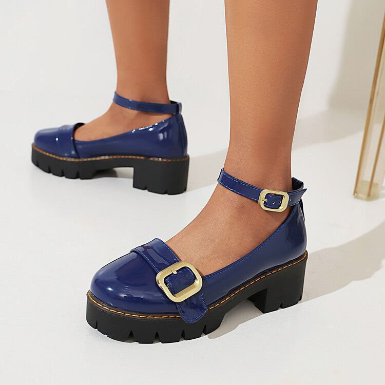 Ladies Glossy Round Toe Belts Buckles Platform Pumps Chunky Heels Shoes