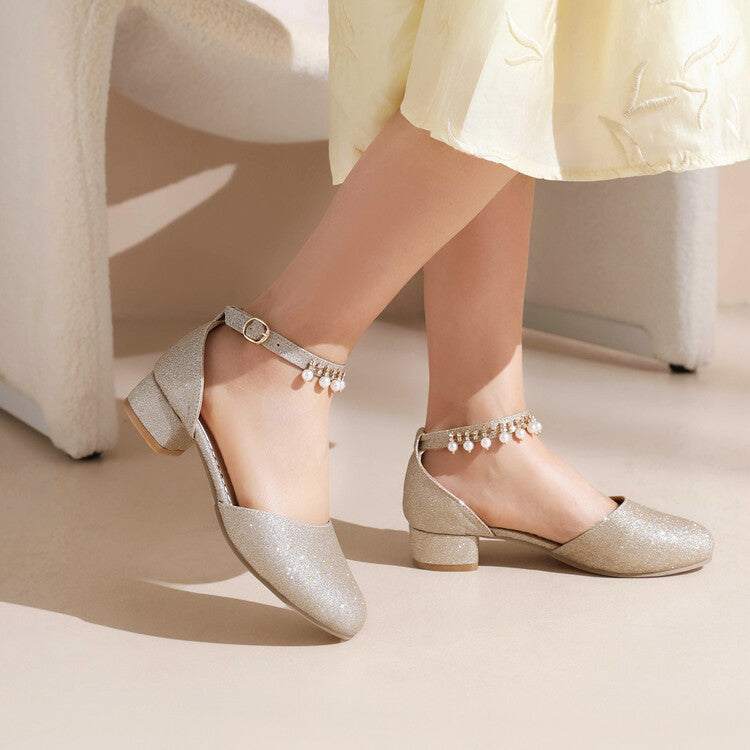 Ladies Bling Bling Round Toe Hollow Out Ankle Strap Pearls Rhinestone Block Heel Low Heels Sandals