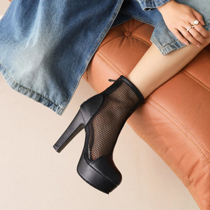 Round Toe Mesh Back Zippers Block Chunky Heel Platform Short Boots for Women