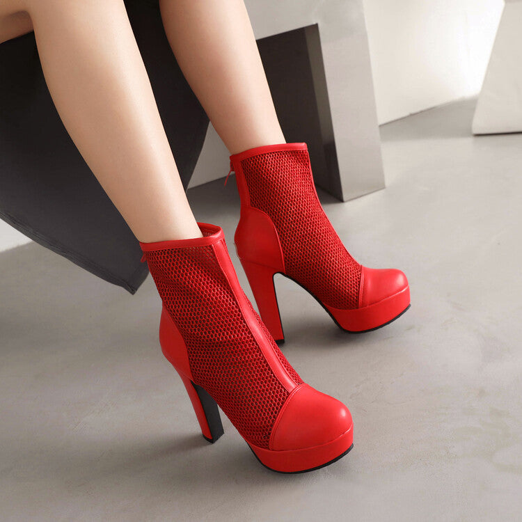 Round Toe Mesh Back Zippers Block Chunky Heel Platform Short Boots for Women