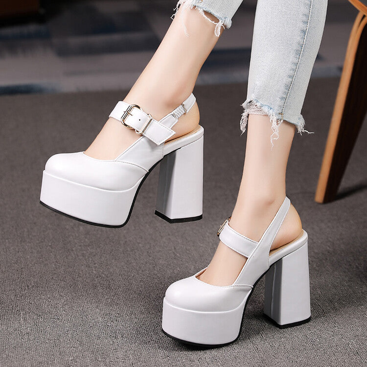 Ladies High Heeled Slingback Round Toe Buckle Chunky Heel Platform Sandals