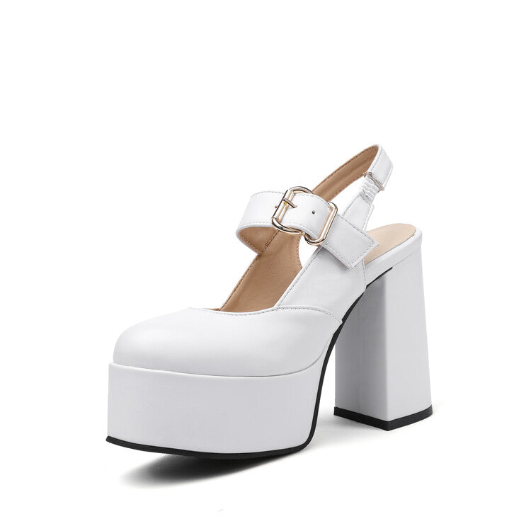 Ladies High Heeled Slingback Round Toe Buckle Chunky Heel Platform Sandals