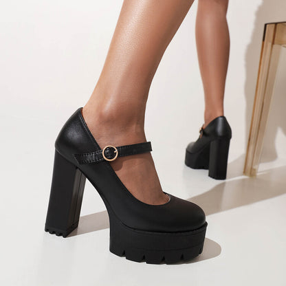 Ladies Pumps Pu Leather Round Toe Mary Janes Belts Buckles Block Heel Platform Chunky Heels Shoes