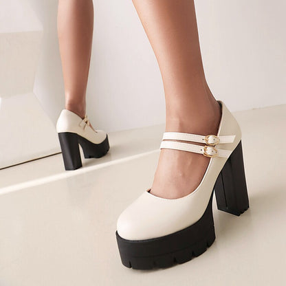 Ladies Pumps Pu Leather Round Toe Double Buckles Belts Chunky Heel Platform Chunky Heels Shoes