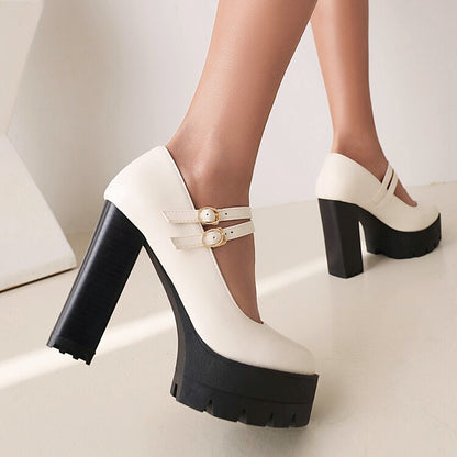 Ladies Pumps Pu Leather Round Toe Double Buckles Belts Chunky Heel Platform Chunky Heels Shoes