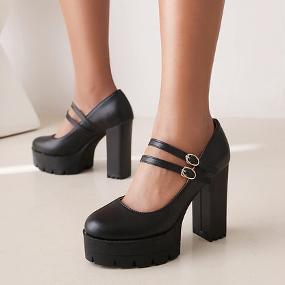 Ladies Pumps Pu Leather Round Toe Double Buckles Belts Chunky Heel Platform Chunky Heels Shoes