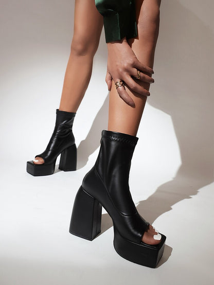 Peep Toe Back Zippers Block Chunky Heel Platform Ankle Boots for Women