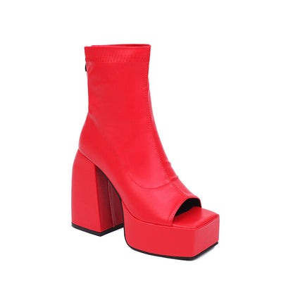 Peep Toe Back Zippers Block Chunky Heel Platform Ankle Boots for Women