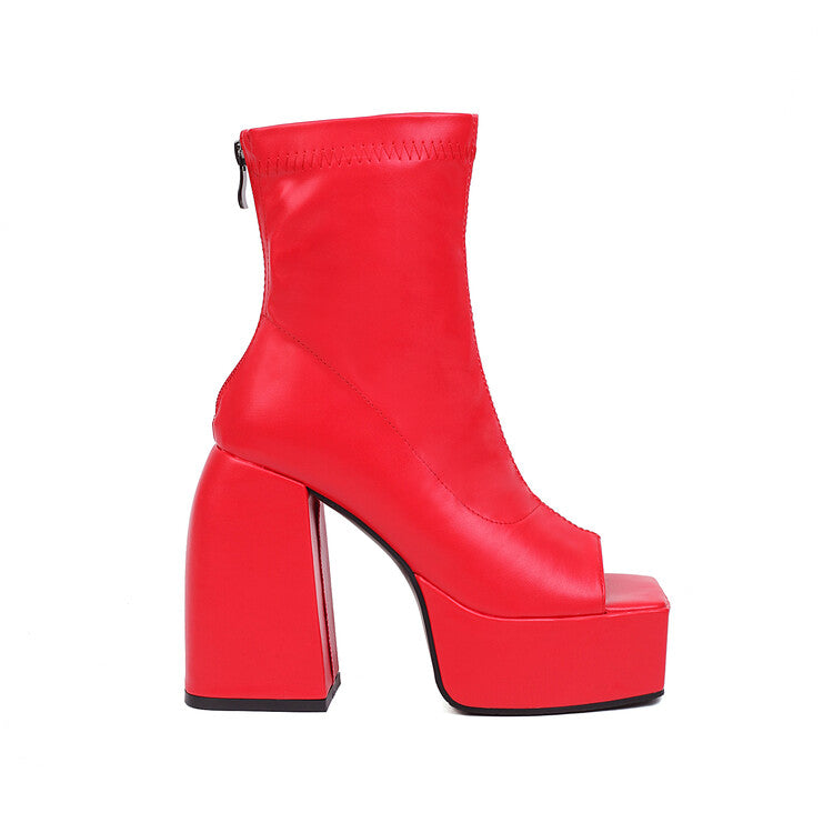 Peep Toe Back Zippers Block Chunky Heel Platform Ankle Boots for Women