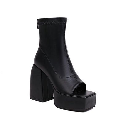 Peep Toe Back Zippers Block Chunky Heel Platform Ankle Boots for Women