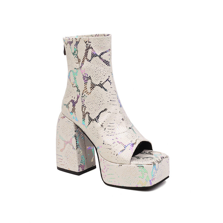 Snake Printed Open Toe Side Zippers Block Chunky Heel Platform Ankle Boots for Women