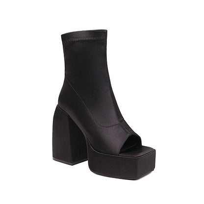 Open Toe Back Zippers Block Chunky Heel Platform Ankle Boots for Women