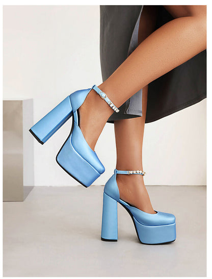 Ladies Solid Color Round Toe Chunky Heel Ankle Strap Rhinestone High Heels Platform Sandals